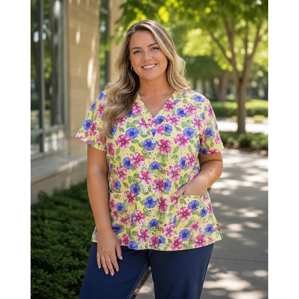 Scrub Station VS Collection Women's V Neck Scrub Top Size Large Yellow Floral